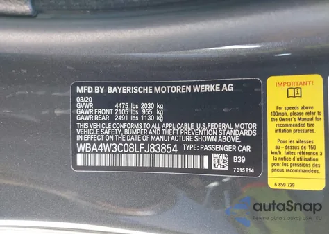 2020 BMW 430I z USA, uszkodzony, nr VIN WBA4W3C08LFJ83854